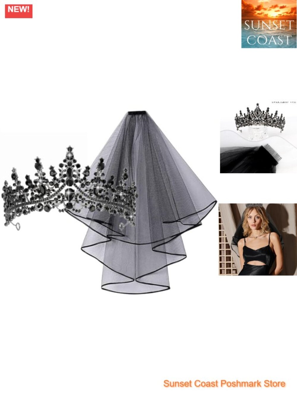 Black Tulle Wedding Veil with Rhinestone Tiara Crown Set